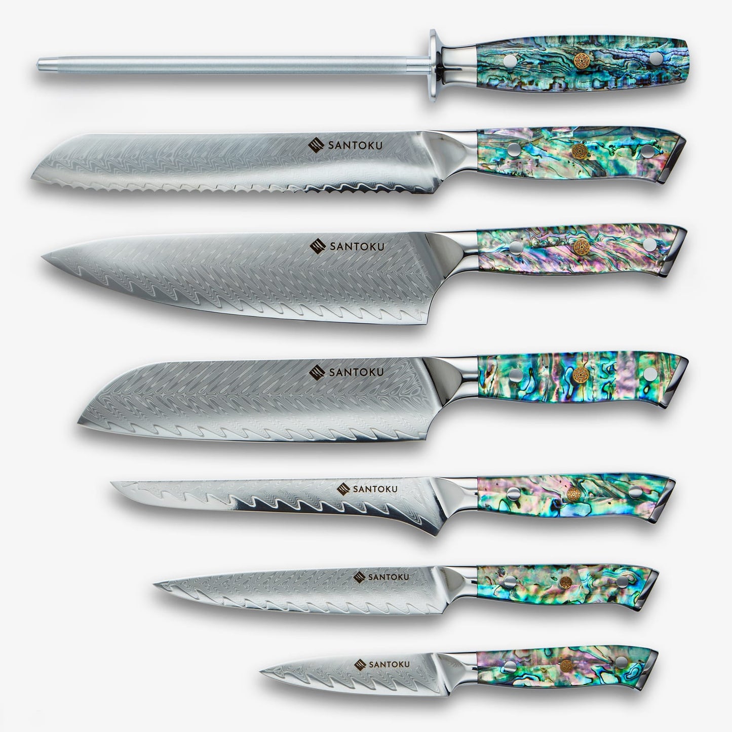 Chikashi (ちかし) Damascus stalen messen ingesteld met een abalone handvat