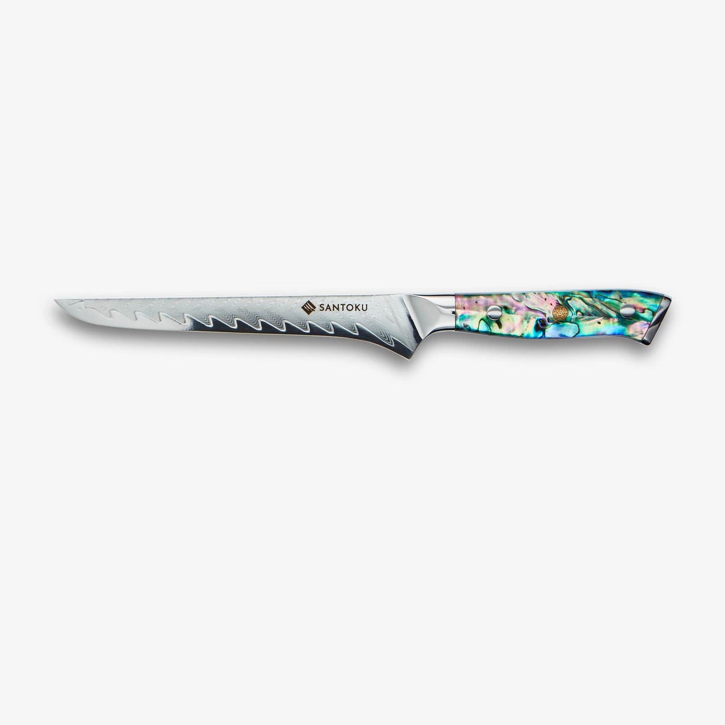 Chikashi (ちかし) Damascus stalen messen ingesteld met een abalone handvat