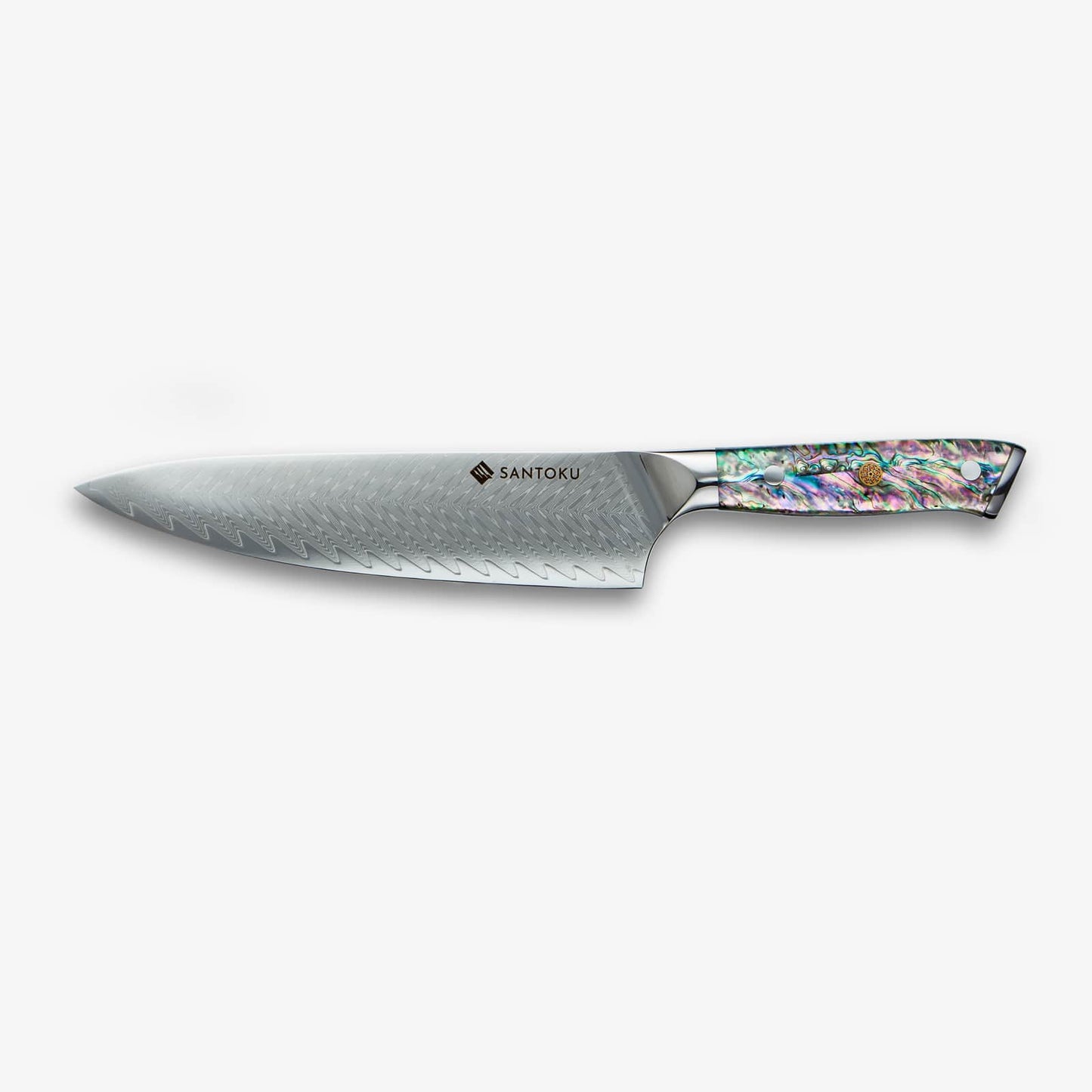 Chikashi (ちかし) Damascus stalen messen ingesteld met een abalone handvat
