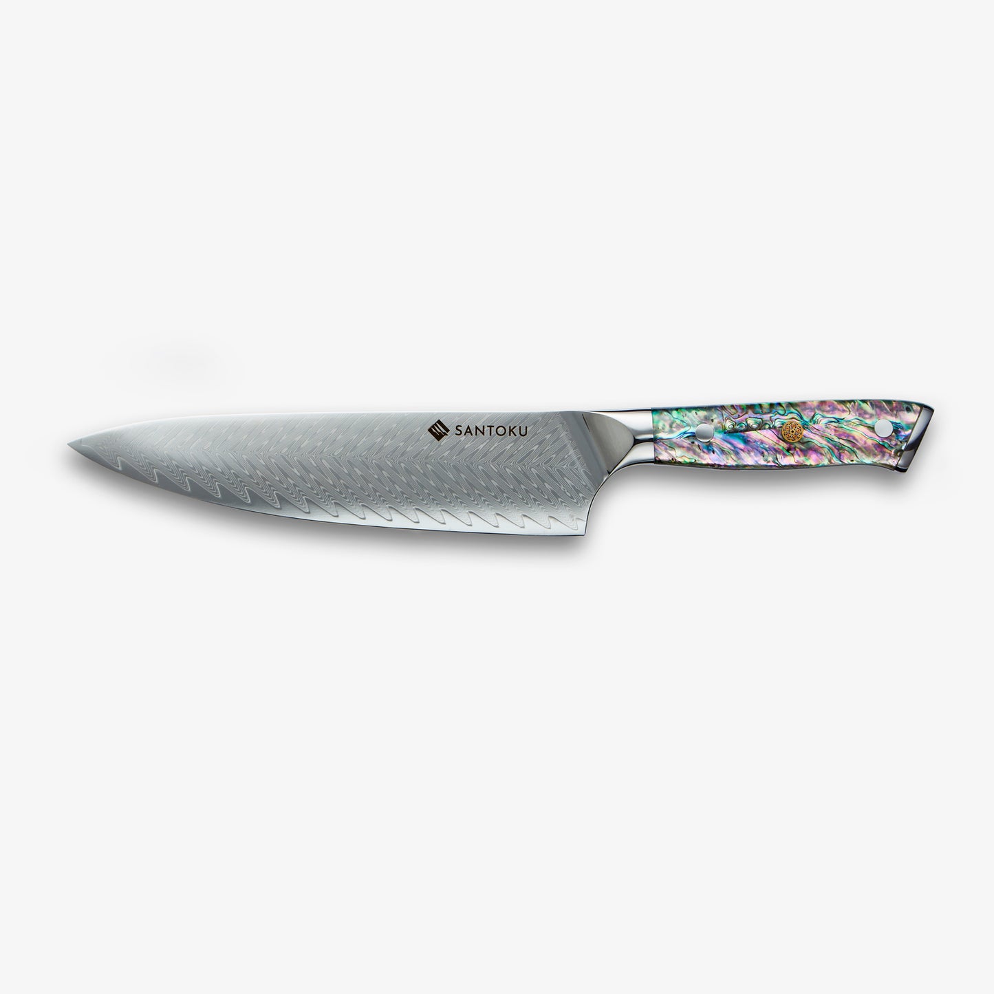 Chikashi (ちかし) Damascus Chef -mes en staalset met een abalone handvat