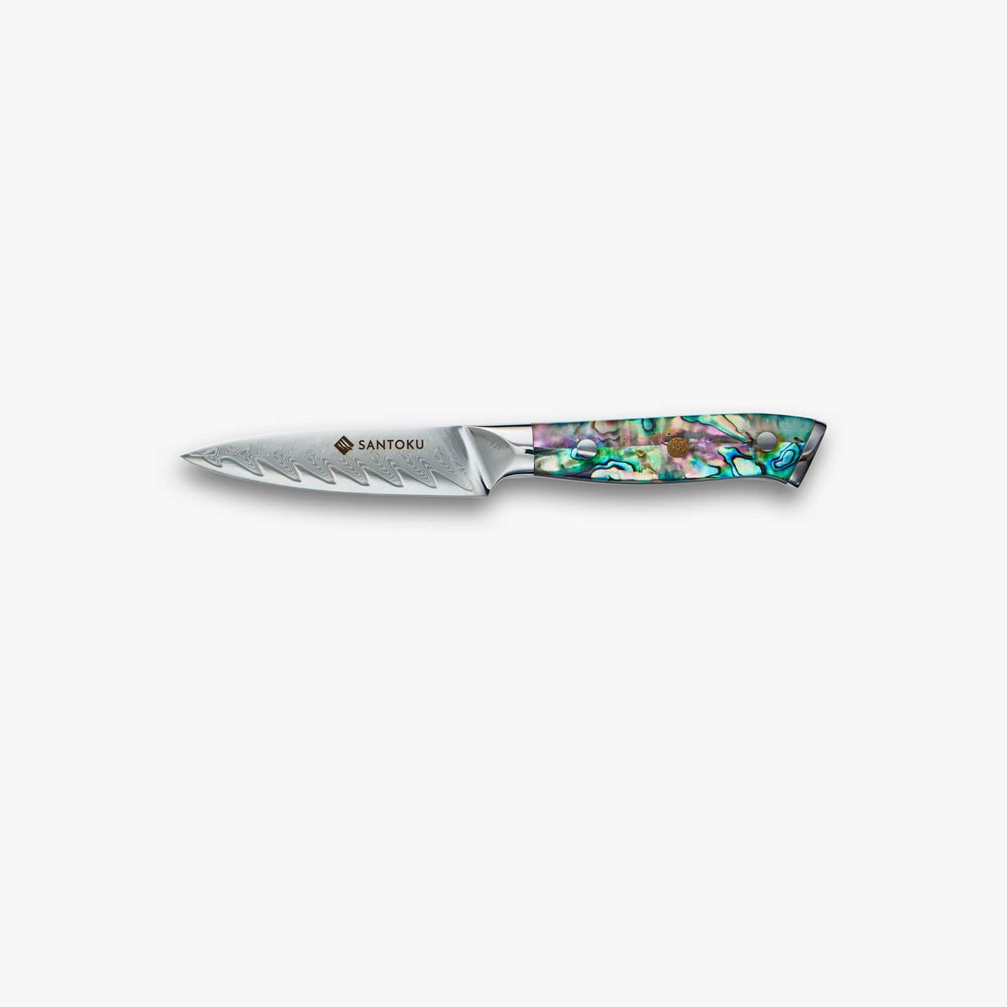Chikashi (ちかし) Damascus stalen messen ingesteld met een abalone handvat