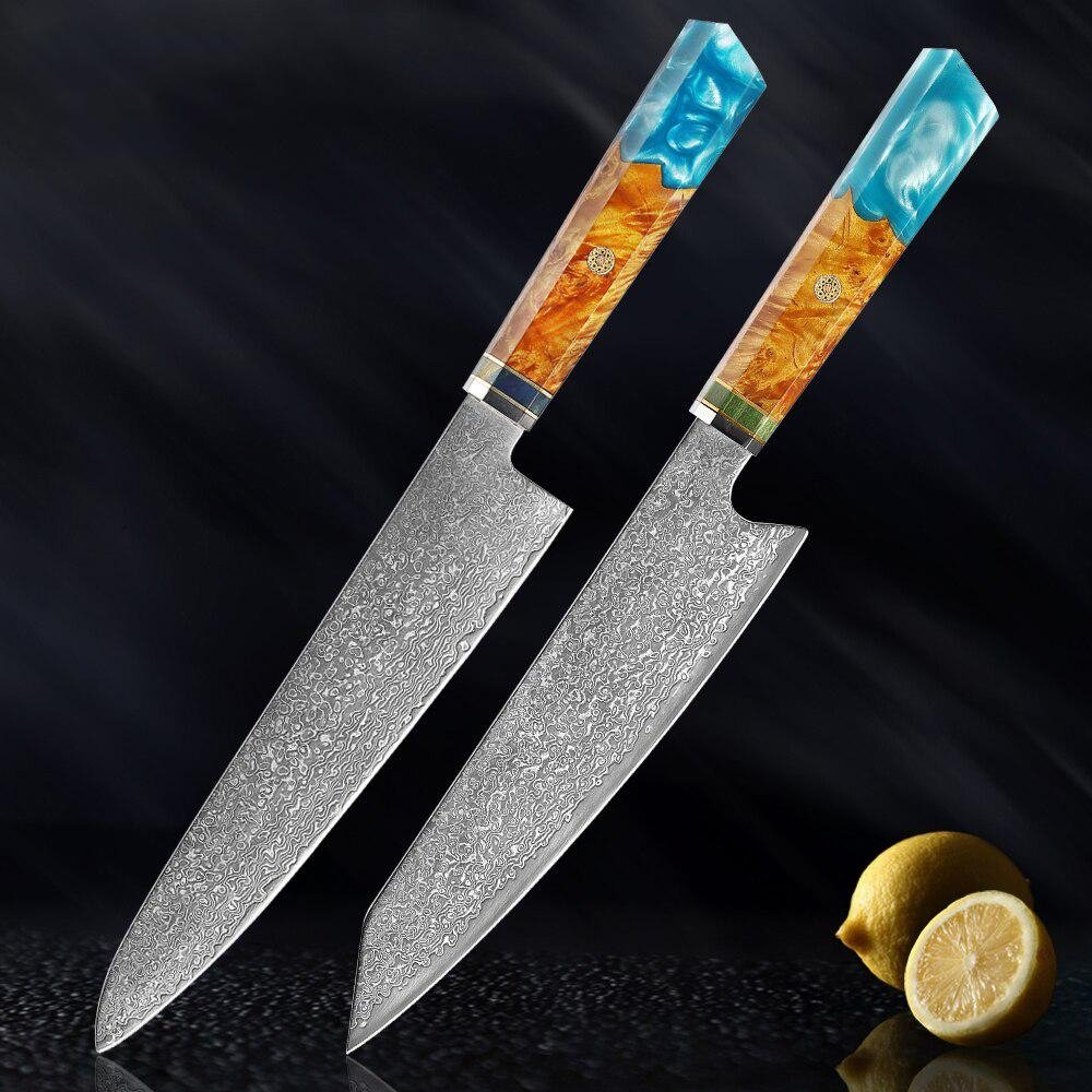 Makito Damascus stalen messen met gekleurde blauwe harshandgreep