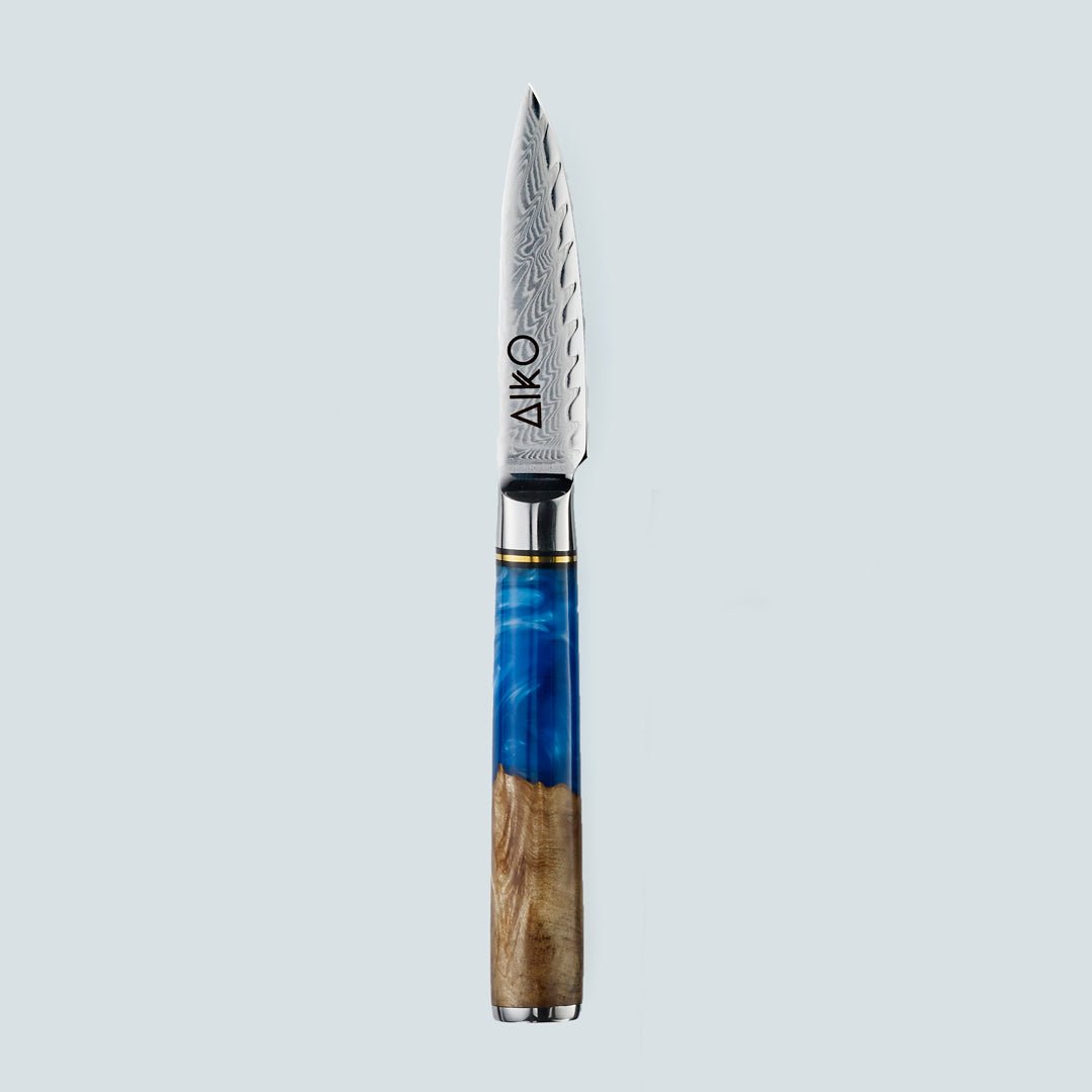 Aiko Bleu (あいこ, アイコ) Damas Steel Couteau avec manche en résine bleu colorée