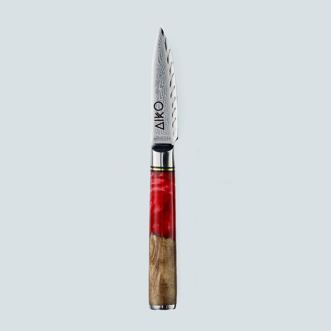 Aiko Red (あいこ, アイコ) Damas Steel Couteau avec poignée de résine rouge colorée
