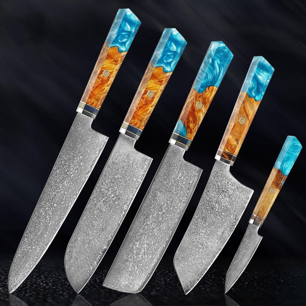 Makito Damascus stalen messen met gekleurde blauwe harshandgreep
