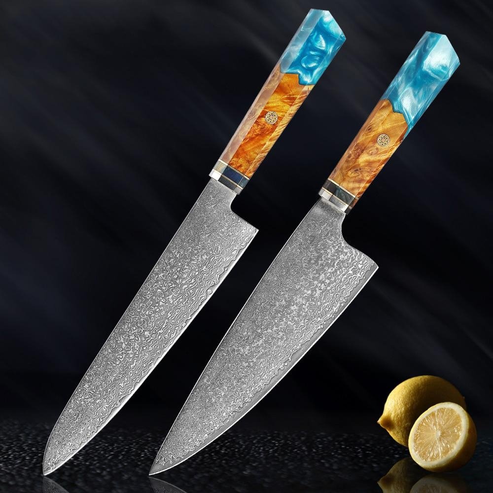 Makito Damascus stalen messen met gekleurde blauwe harshandgreep