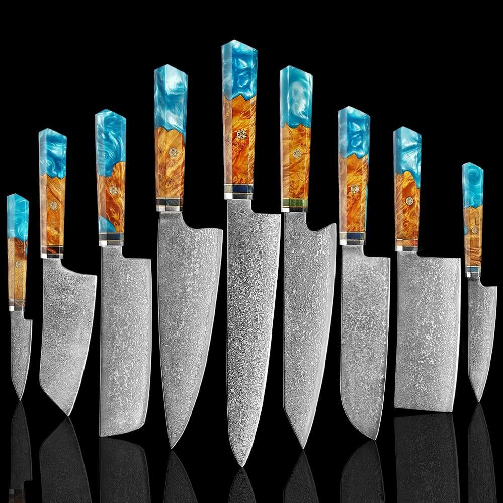Makito Damascus stalen messen met gekleurde blauwe harshandgreep