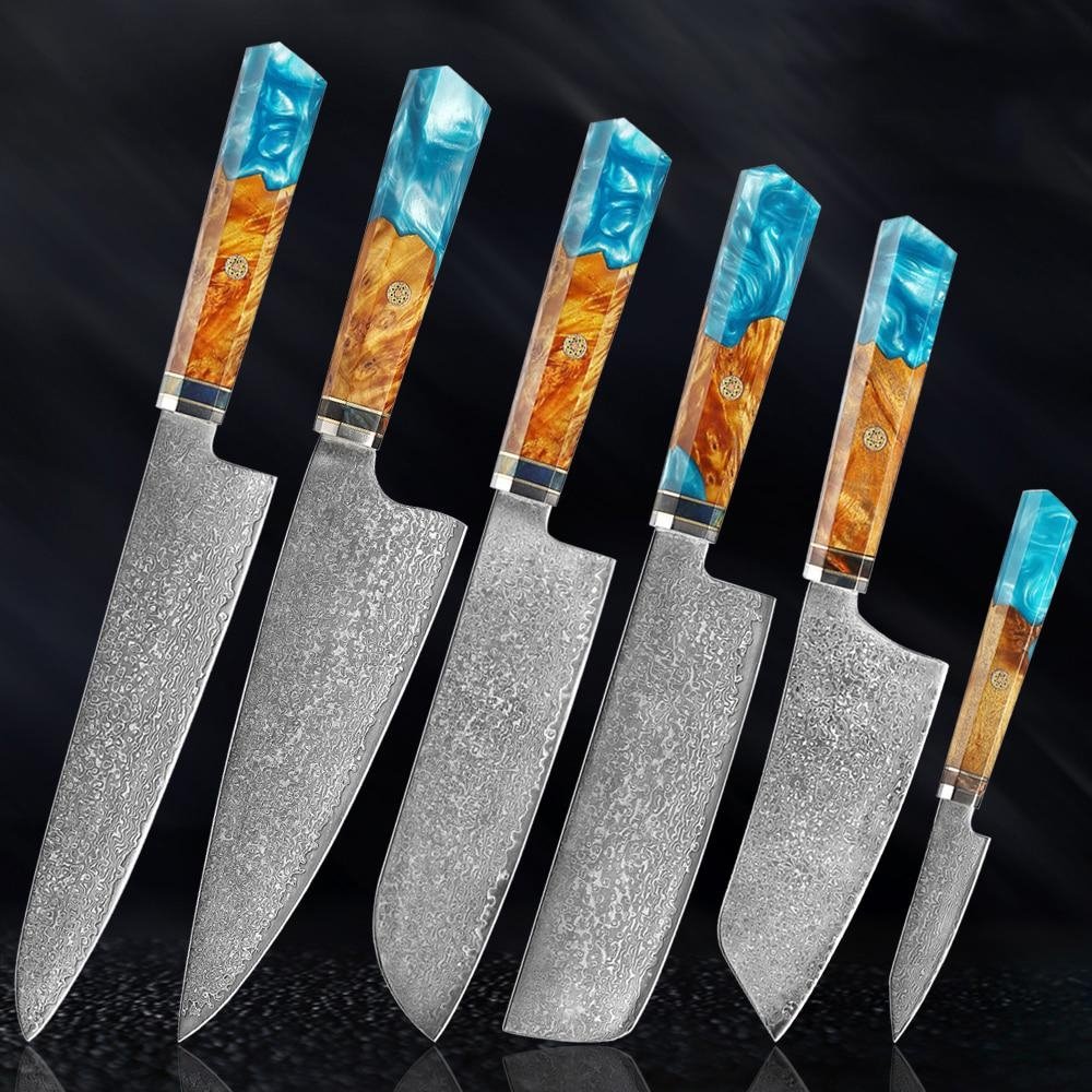 Makito Damascus stalen messen met gekleurde blauwe harshandgreep