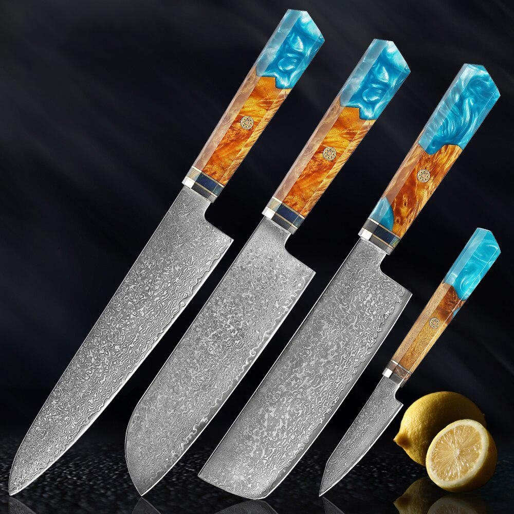 Makito Damascus stalen messen met gekleurde blauwe harshandgreep
