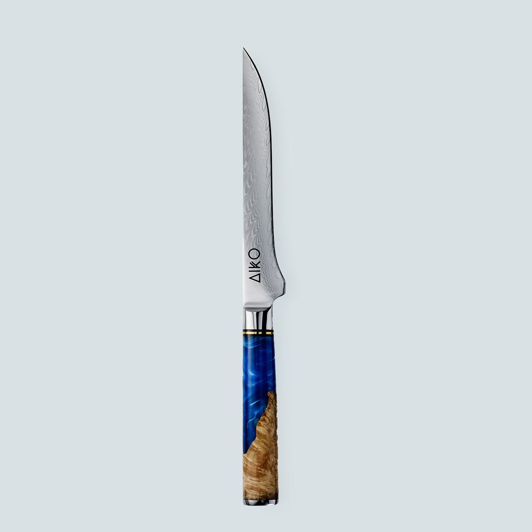 Aiko Blue (あいこ, アイコ) Damascus stalen mes met gekleurde blauwe harshandgreep