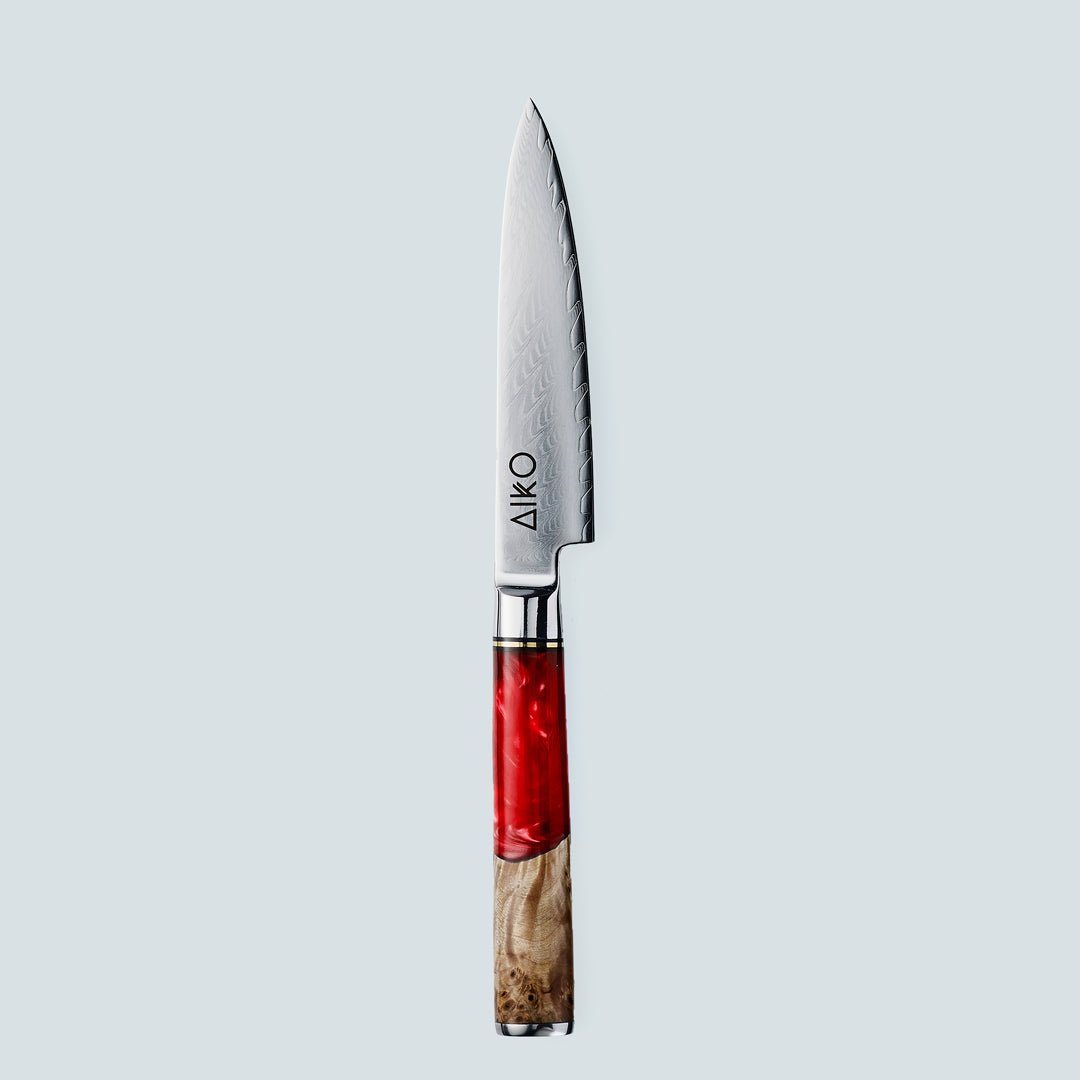Aiko Red (あいこ, アイコ) Damas Steel Couteau avec poignée de résine rouge colorée