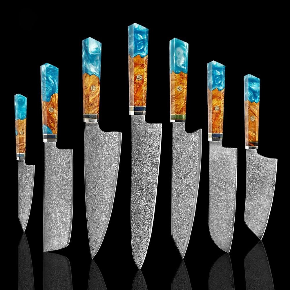 Makito Damascus stalen messen met gekleurde blauwe harshandgreep
