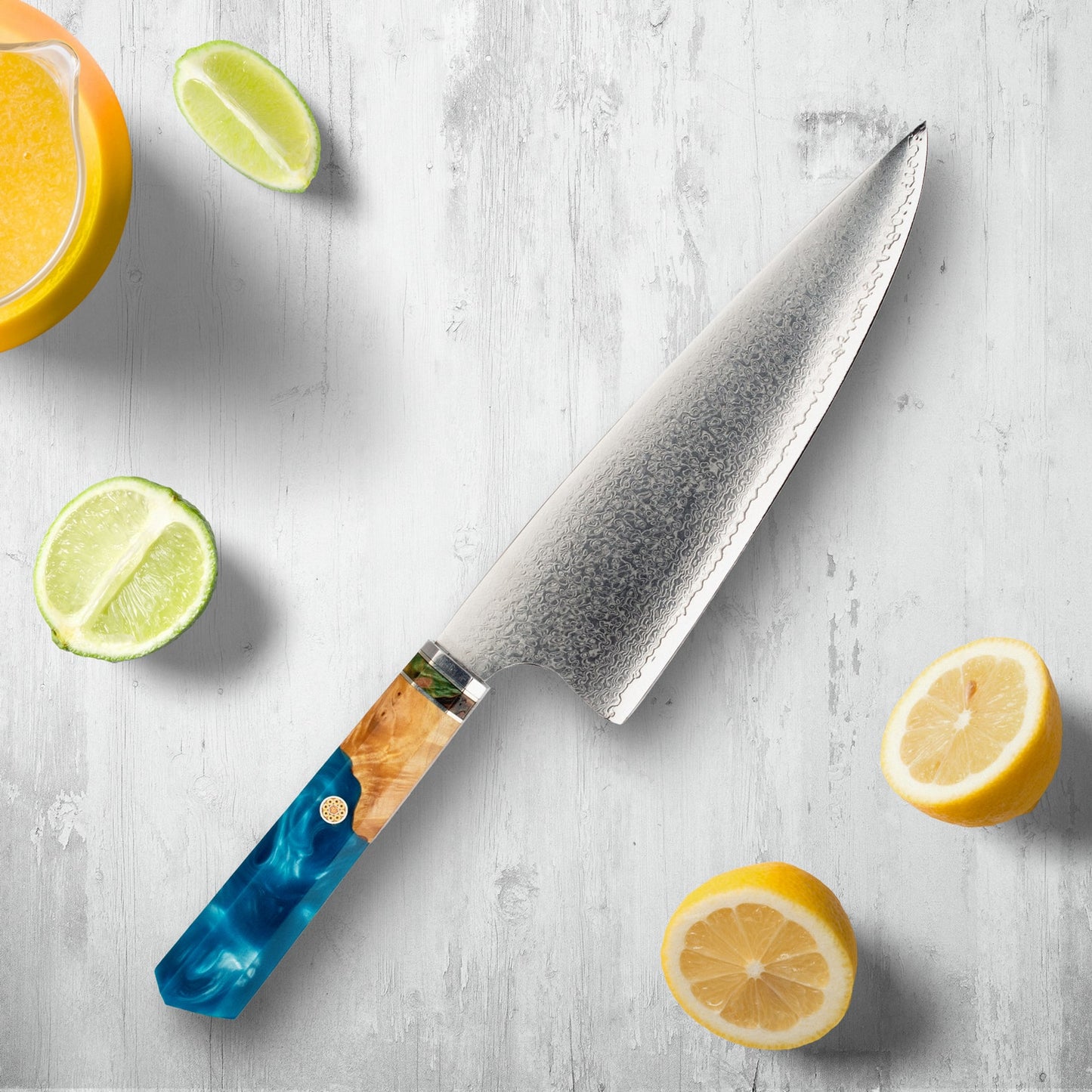 Makito Damascus stalen messen met gekleurde blauwe harshandgreep