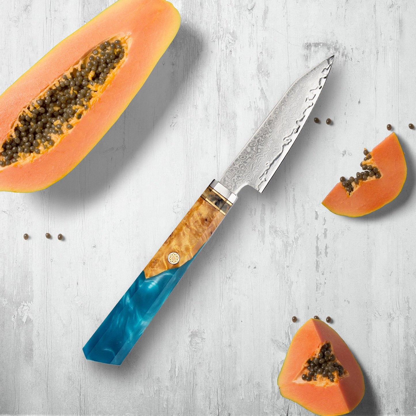 Makito Damascus stalen messen met gekleurde blauwe harshandgreep