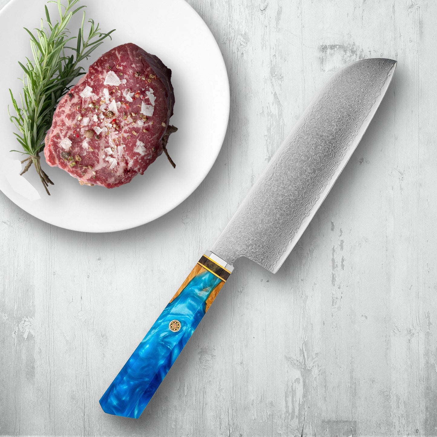 Makito Damascus stalen messen met gekleurde blauwe harshandgreep