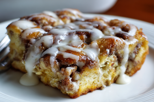 Gooey Cinnamon Roll Breakfast Casserole with Vanilla Glaze