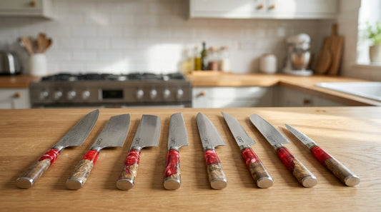 Aiko Damascus steel kitchen knives with colourful resin handles and the Santoku brand logo on the blades, fanned out on a light-oak worktop – Japanese knife gift guide