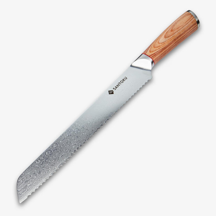 Haruta Couteau à pain japonais en acier de Damas VG10 de 10 pouces avec manche en bois et fourreau