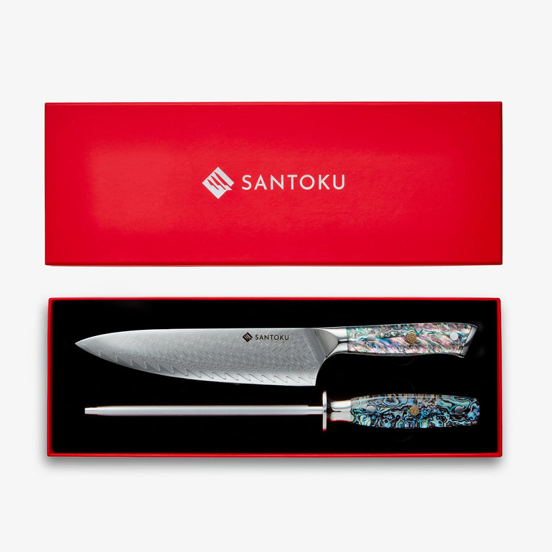 Chikashi Damascus koksmes en stalen set met abalone handvat