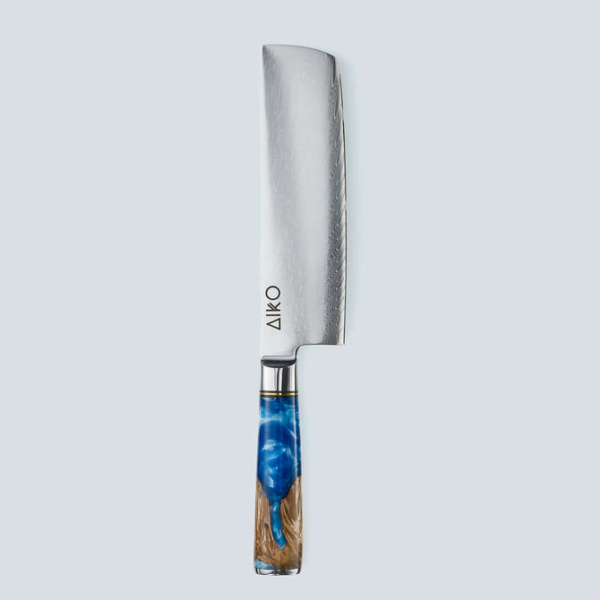 Couteau en acier Damas bleu Aiko avec manche en résine bleue colorée
