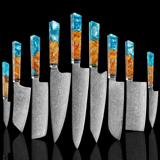 Makito Damascus stalen messen met gekleurde blauwe harshandgreep