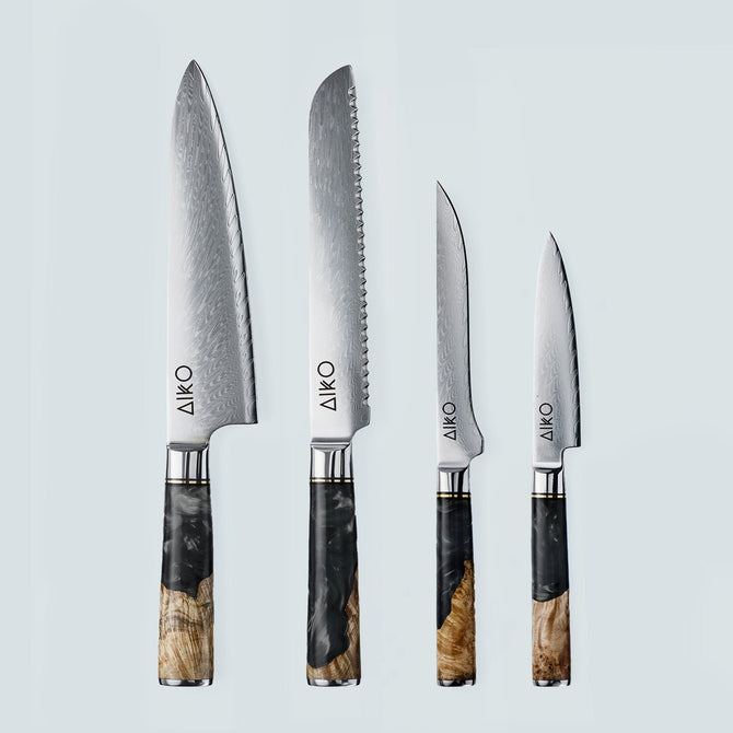 Aiko zwart Damascus stalen mes met gekleurd zwart harshandvat