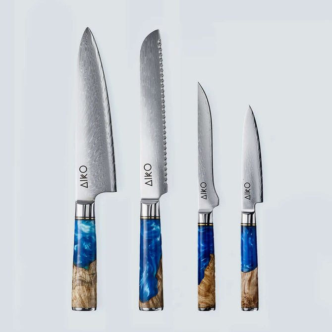 Couteau en acier Damas bleu Aiko avec manche en résine bleue colorée