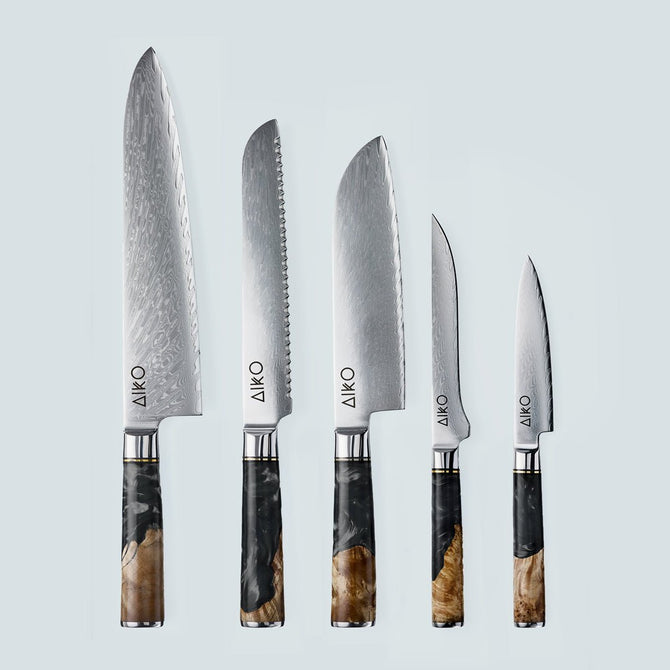 Aiko zwart Damascus stalen mes met gekleurd zwart harshandvat