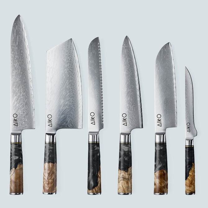 Aiko zwart Damascus stalen mes met gekleurd zwart harshandvat