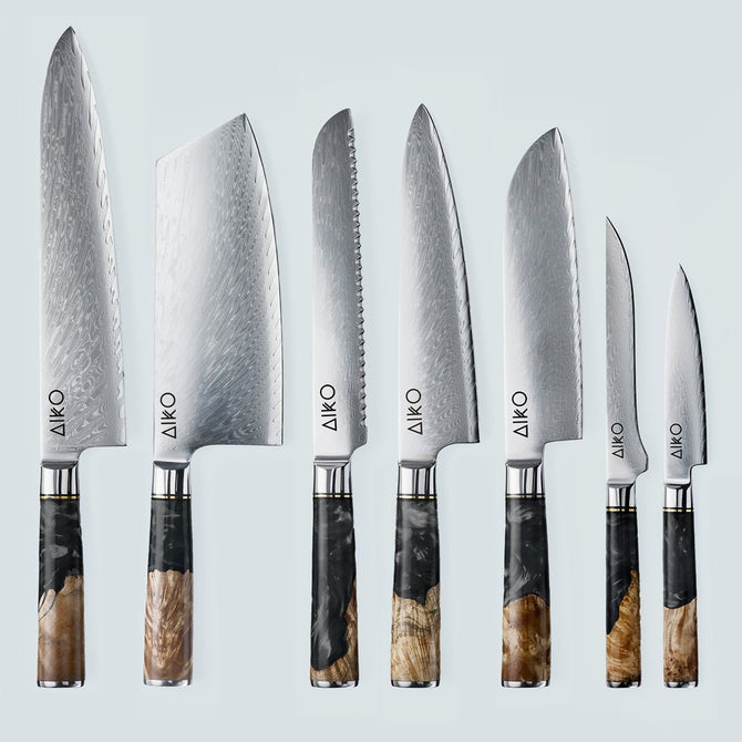 Aiko zwart Damascus stalen mes met gekleurd zwart harshandvat