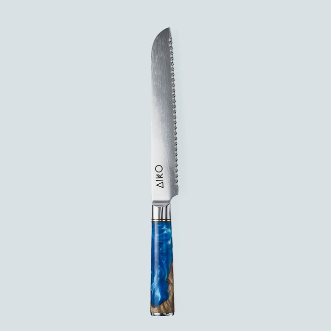 Couteau en acier Damas bleu Aiko avec manche en résine bleue colorée