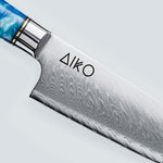 Couteau en acier Damas bleu Aiko avec manche en résine bleue colorée