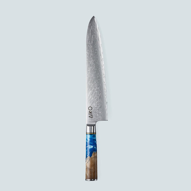 Couteau en acier Damas bleu Aiko avec manche en résine bleue colorée