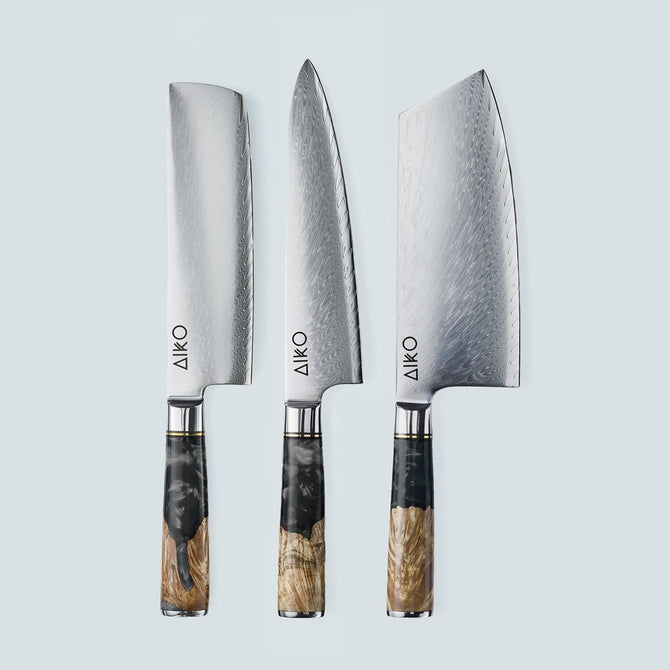 Aiko zwart Damascus stalen mes met gekleurd zwart harshandvat