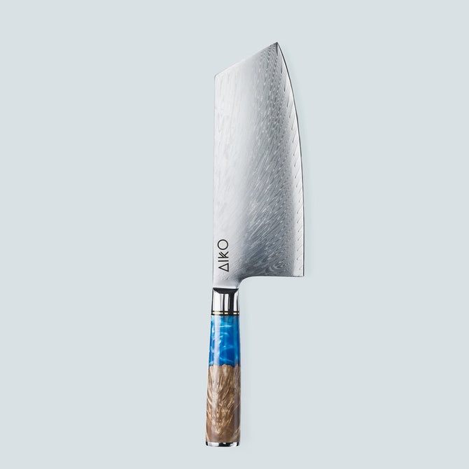 Couteau en acier Damas bleu Aiko avec manche en résine bleue colorée