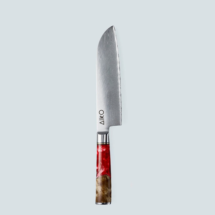 Aiko rood Damascus stalen mes met gekleurd rood harshandvat