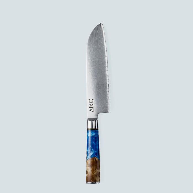 Couteau en acier Damas bleu Aiko avec manche en résine bleue colorée