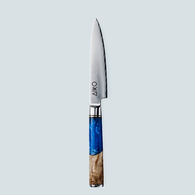 Couteau en acier Damas bleu Aiko avec manche en résine bleue colorée