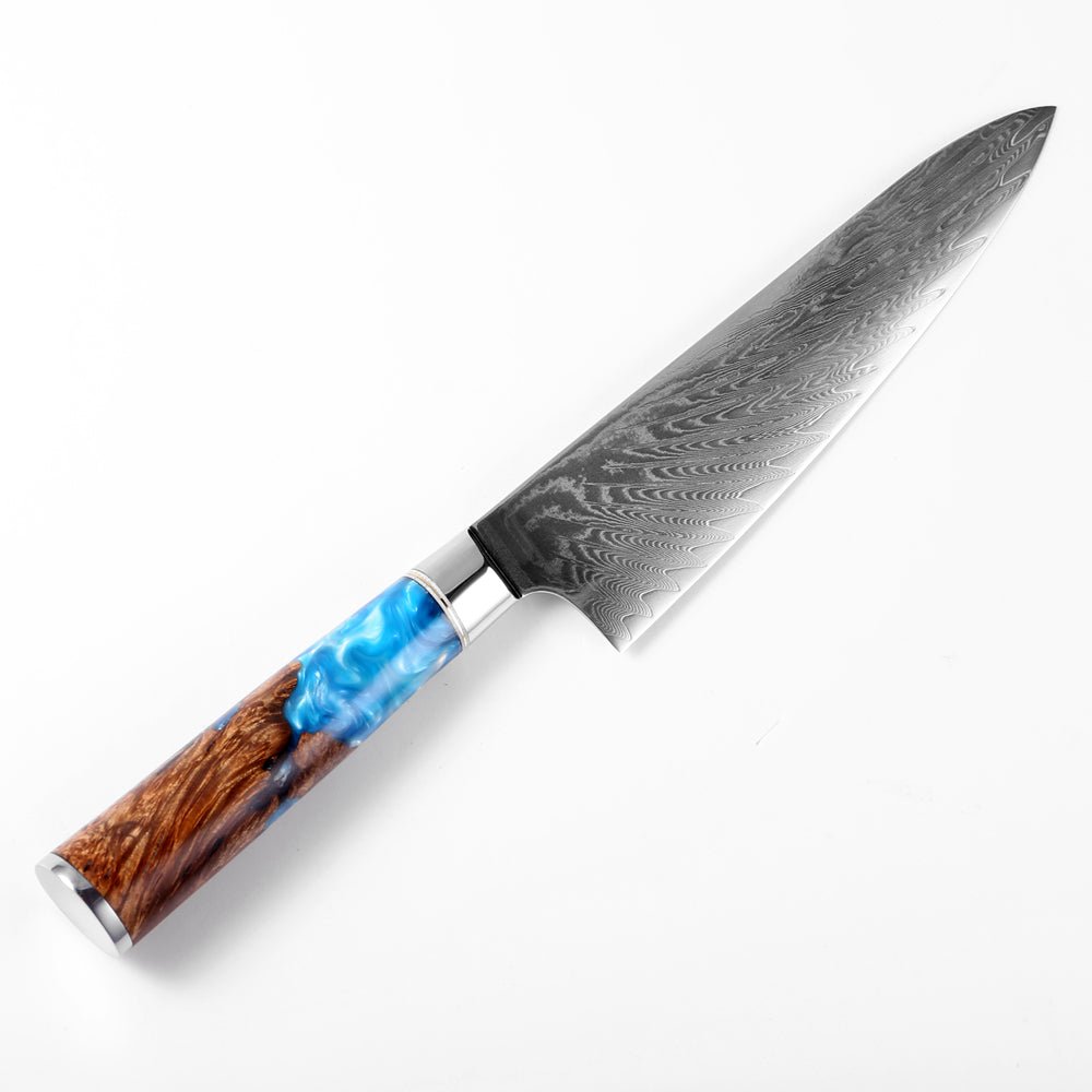 Gyuto (牛刀) Damascus stalen mes met gekleurde blauwe harshandgreep