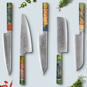 Ichika (いちか) Damascus stalen mes met gekleurde achthoekige handgreep
